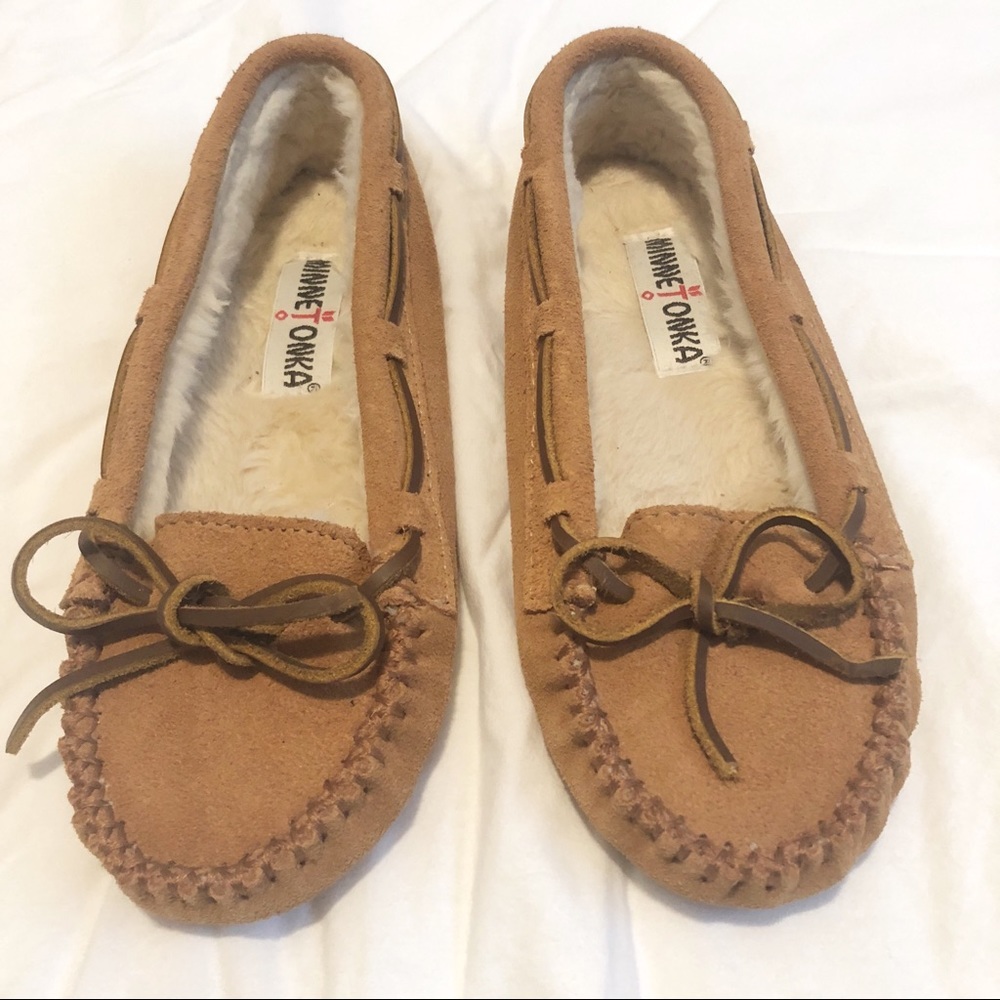 Minnetonka moccasins, worn 1 slipper